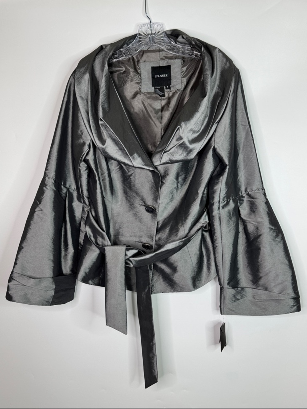 Spanner Gunmetal Gray Shawl Collar Tie Waist Evening Jacket Size 6 NWT